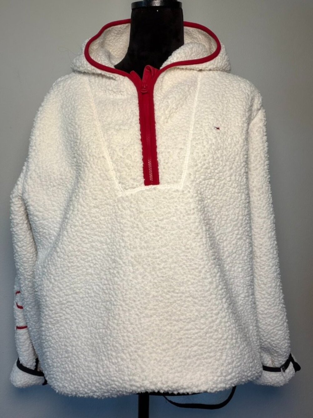 Tommy Hilfiger Sherpa Hoodie Large White Red Half Zip Teddy Fleece Sleeve Logo